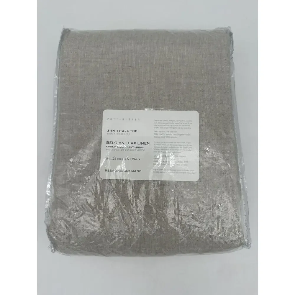 Pottery Barn 3-in-1 Pole Top Belgian Flax Linen Curtain Blackout Lining 50x108”